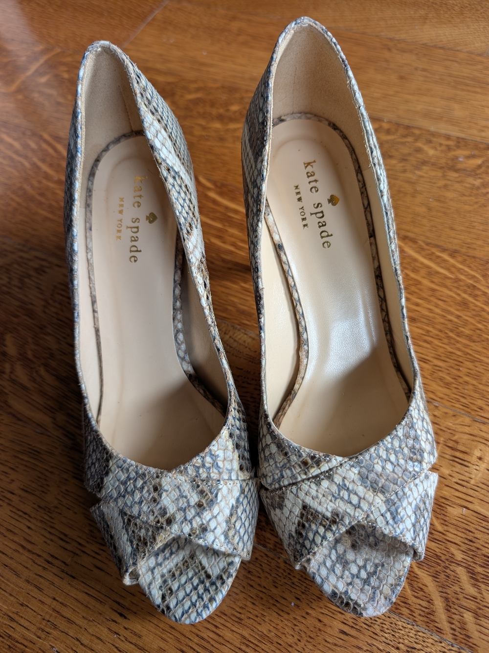 kate spade Snake-Print Peep Toe Heels in Beige and Gray